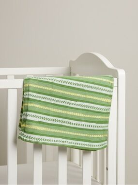 Hand Knit Striped Baby Blanket - Green White Yellow - 29” x 32”